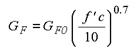 Figure 82. Equation. The default fracture energy G subscript F. G subscript F equals G subscript F0 times the quantity, lowercase F prime subscript lowercase C divided by 10, the quantity to the power of 0.7.