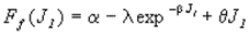 Figure 87. Equation. Shear failure surface function F subscript lowercase F. Shear failure surface F subscript lowercase F as a function of J subscript 1 equals alpha, minus the quantity lambda times the exponential function of minus beta times J subscript 1, plus the quantity theta times J subscript 1.