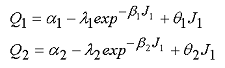 Figure 88. Equation. Most general form for scaling functions Q subscript 1, Q subscript 2. Q subscript 1 equals alpha subscript 1 minus lambda subscript 1 times the exponential of negative beta subscript 1 times J subscript 1, all plus theta times J subscript 1. Q subscript 2 equals alpha subscript 2 minus lambda subscript 2 times the exponential of negative beta subscript 2 times J subscript 1, all plus theta subscript 2 times J subscript 1.