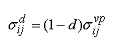 Figure 93. Equation. Transformation of viscoplasticstress to damaged stress, sigma subscript lowercase IJ superscript lowercase D. Sigma subscript lowercase IJ superscript lowercase D equals sigma subscript lowercase IJ superscript lowercase VP times the quantity 1 minus lowercase D.