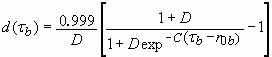 Figure 96. Equation. Brittle damage, lowercase D of tau subscript lowercase B. Lowercase D of tau subscript lowercase B equals 0.999 divided by D times a numerator divided by a denominator minus 1. The numerator is 1 plus D. The denominator is 1 plus D times the exponential of negative C times left parenthesis tau subscript lowercase T minus tau subscript 0 and lowercase T right parenthesis.