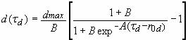 Figure 97. Equation. Ductile damage, lowercase D of tau subscript lowercase D. Lowercase D of tau subscript lowercase C equals dmax divided by B times a numerator divided by a denominator minus 1. The numerator is 1 plus B. The denominator is 1 plus B times the exponential of negative A times left parenthesis tau subscript lowercase C minus tau subscript 0 and lowercase C right parenthesis.