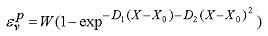 Figure 92. Equation. Plastic volume strain hardening rule, epsilon superscript lowercase P subscript lowercase V. Epsilon superscript lowercase P subscript lowercase V equals the maximum plastic volume strain W times the quantity of one minus exponential to a power. The power is minus D subscript 1 times the quantity X minus X subscript 0, minus D subscript 2 times the quantity squared of X minus X subscript. 