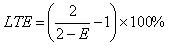 Equation 27. LTE equals the product as a different percent. LTE equals the product of 2 divided by sum of 2 minus E, end of quotient, sum that quotient with minus 1, multiply that sum by 100 expressed as a percent.