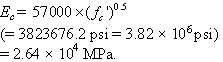 Equation 71. Uppercase E subscript c. Uppercase E subscript c equals 57,000 times f subscript c prime to the power 0.5, which in turn equals 2.64 times 10 to the power
