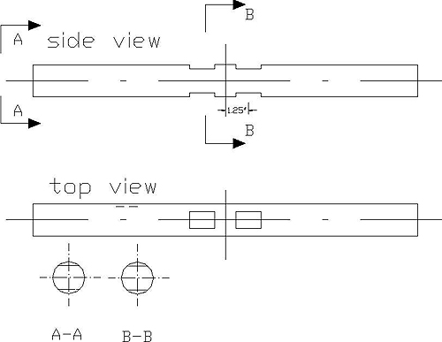 This drawing shows the side view and the top view of the circular dowel bars with slot positions on both sides of the bar at mid-length where the uniaxial strain gauges will be mounted on the dowel bars. 