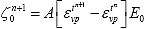 Equation 179. Elastic function in state variable approach. The elastic response of the state variable at the following time step, xi subscript 0 superscript n plus 1, equals material coefficient A, multiplied by the difference in the viscoplastic strain level at the next time step raised to the power of time, epsilon subscript vp superscript t superscript n plus 1, and the viscoplastic strain level at the current time step, epsilon subscript vp superscript t superscript n, multiplied by long time modulus, E subscript 0.