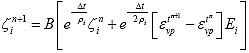 Equation 180. Time varying function in state variable approach. The viscoelastic response of the state variable at the following time step for the given Prony term, xi superscript n plus 1 subscript i, equals material coefficient B, multiplied by the product of exponent negative change in time, uppercase delta t, divided by Prony relaxation time, rho subscript i, and the time varying function for the previous time step for the given Prony term, xi superscript n subscript i, plus the product of exponent negative change in time, uppercase delta t, divided by 2 multiplied by the Prony relaxation time, rho subscript i, the difference in the viscoplastic strain level at the next time step raised to the power of time, epsilon subscript vp superscript t superscript n plus 1, and the viscoplastic strain level at the current time step, epsilon subscript vp superscript t superscript n, and the current Prony term, E subscript i.