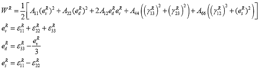 Equation 185. Pseudo strain energy density function in terms of all pseudo strain values. The pseudo strain energy density function, W superscript R, is given by one half of the sum of four terms. The first term is the product of a constant, A subscript 11, times the volumetric strain, e subscript v superscript R. e subscript v superscript R in turn is given by the sum of the pseudo strains along the local axis, epsilon subscript 11 superscript R plus epsilon subscript 22 superscript R plus epsilon subscript 33 superscript R. The second term is the product of a constant, A subscript 22, times the deviatoric strain, e subscript d superscript R. e subscript d superscript R in turn is given by the difference epsilon subscript 33 superscript R minus one third e subscript v. The third term is the product of 2 times a constant, A subscript 12, times e subscript d superscript R times e subscript v superscript R. The fourth term is the product of a constant, A subscript 44, times the sum of two terms given by shear strain along 1–3 plane, gamma subscript 13 superscript R, raised to the power 2 plus shear strain along 2–3 plane, gamma subscript 23 superscript R, raised to the power 2. The final term is a product of a constant, A subscript 66, times the sum of shear strain along 1–2 plane, gamma subscript 12 superscript R, raised to the power 2 and square of e subscript s superscript R. e subscript s superscript R in turn is given by the difference epsilon subscript 11 superscript R minus epsilon 22 superscript R.