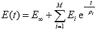 Equation 188. Prony series for relaxation modulus. The relaxation modulus, E, evaluated at t, is given by the sum of two terms. The first term is the relaxation modulus at t equals infinity, E subscript infinity. The second term is a summation over i and the summand is the product of Prony coefficient, E subscript i, times the exponential of the term, negative t divided by relaxation time, rho subscript i.