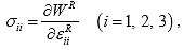 Equation 191. Principal stress. The principal stresses along the local axis, sigma subscript ii where i goes from 1 to 3, is given by partial derivative of W superscript R with pseudo principal strains, epsilon subscript ii.