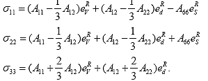 Equation 192. Principal stresses. Sigma subscript 11 is given by the sum of three terms. The first term is given by the product of e subscript v superscript R and the difference A subscript 11 minus one third of A subscript 12. The second term is given by the product of e subscript d superscript R and the difference A subscript 12 minus one third A subscript 12. The third term is given by the product of negative A subscript 66 times e subscript s superscript R. Sigma subscript 22 is given by the sum of three terms. The first term is given by the product of e subscript v superscript R and the difference A subscript 11 minus one third of A subscript 12. The second term is given by the product of e subscript d superscript R and the difference A subscript 12 minus one third A subscript 12. The third term is given by the product of A subscript 66 times e subscript s superscript R. Sigma subscript 33, is given by the sum of two terms. The first term is given by the product of e subscript v superscript R and the sum A subscript 11 plus two third of A subscript 12. The second term is given by the product of e subscript d superscript R and the sum A subscript 12 plus two third A subscript 12. The third term is given by the product of negative A subscript 66 times e subscript s superscript R.
