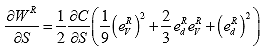 Equation 194. Derivative of pseudo strain energy density function. The partial derivative of W superscript R with S is given by half the product of two terms. The first term is the partial derivative of C with S. The second term is given by the sum of one ninth the square of e subscript v superscript R plus two third the product of the e subscript v superscript R times e subscript d superscript R plus the square of e subscript d superscript R.