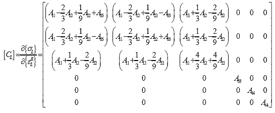 Equation 197. Local material tangent stiffness matrix. The material tangent stiffness matrix along the local axis is given by partial derivative of the stress vector with the pseudo strain vector. The matrix is a symmetric matrix and the non-zero elements in the upper triangular region are as follows: the 11 element is the sum A subscript 11 minus two thirds A subscript 12 plus one ninth A subscript 22 plus A subscript 66. The 12 element is given by the sum A subscript 11 minus two thirds A subscript 12 plus one ninth A subscript 22 minus A subscript 66. The 13 element is given by A subscript 11 plus one third A subscript 12 minus two ninth A subscript 22. The 2, 2 element is given by A subscript 11 minus two thirds A subscript 12 plus one ninth A subscript 22 plus A subscript 66. The 23 element is given by A subscript 11 plus one third A subscript 12 minus two ninth A subscript 22. The element 33 is given by A subscript 11 plus four third A subscript 12 plus four ninth A subscript 22. The element 44 is A subscript 66. The element 55 is A subscript 44 and the element 66 is A subscript 44. 