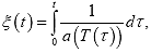 Equation 200. Reduced time. The reduced time, eta, is given by the integral over time, t, between the limits 0 to 1 with the integrand given by the quotient of 1 divided by the time temperature shift factor, a.