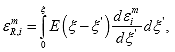 Equation 203. Mechanical pseudo strain. The ith component of pseudo strain, epsilon subscript Ri superscript m, is given by an integral with the variable of integration, eta prime, going from 0 to eta, of the integrand given by the product E evaluated at eta minus eta prime, times the derivative of epsilon subscript i superscript m with eta prime.