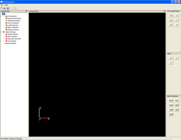 Figure 184. Screen capture. Main window of the preprocessor. This figure shows the main screen of the preprocessor for FEP++. It is a typical user interface on a windows platform and has a standard menu and toolbar. The body of the window is divided into three regions. The left region is called Control Panel; the middle region is called Canvas Panel; and the right region is called VTK Control Panel.