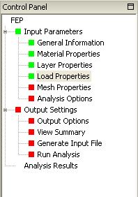 Figure 185. Screen capture. Control panel. This figure shows the Control Panel in the main screen of the preprocessor. The panel shows a hierarchy of controls that can be clicked to enter data corresponding to the control. The top level hierarchy has three levels: Input Parameters, Output Settings, and Analysis Results. Input Parameters has six controls: General Information, Material Properties, Layer Properties, Load Properties, Mesh Properties, and Analysis Options. Output Settings has four controls: Output Options, View Summary, Generate Input File, and Run Analysis.