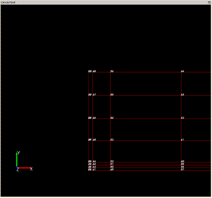 Figure 187. Screen capture. Zoom operation on a mesh. This figure is another screen capture of the canvas panel and shows the zoom feature in the preprocessor. The canvas panel has a visualization of a zoomed region of the mesh with the node numbers displayed.