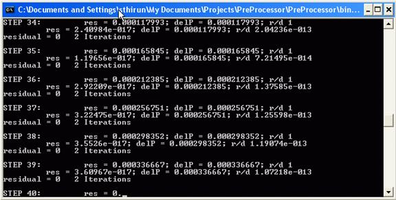 Figure 191. Screen capture. Analysis run-time window. This figure shows a the run-time window. It shows a DOS window with run time information showing the current status of the analysis.