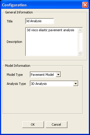 Figure 211. Screen capture. General Information dialog. This figure shows a screenshot of the user interface ready to accept general information about the analysis. It shows that the interface has the following data fields: Title, Description, Model Type, and Analysis Type.