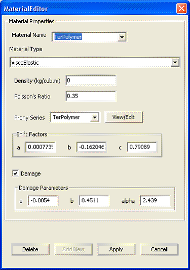 Figure 212. Screen capture. Material Properties dialog. This figure shows a screenshot of the user interface ready to accept the properties of the material used in the analysis. It shows the interface displaying the properties that were entered for a sample material.