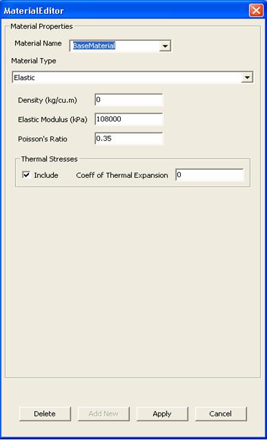 Figure 213. Screen capture. Elastic material properties dialog. This figure shows a screenshot of the user interface ready to accept the properties of an elastic material. It shows the interface has the following data entry fields: Material Name, Material Type, Density, Elastic Modulus, Poisson’s Ratio, and Coefficient of Thermal Expansion.