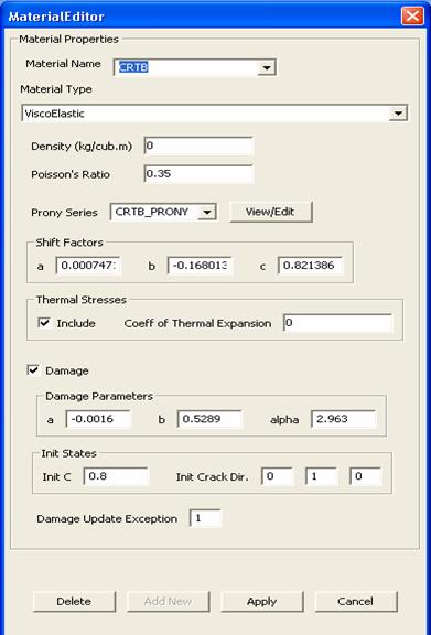 Figure 214. Screen capture. Viscoelastic material properties dialog. This figure shows a screenshot of the user interface ready to accept the properties of a viscoelastic material. It shows the interface has the following data entry fields: Material Name, Material Type, Density, Poisson’s Ratio, Prony Series, Shift Factors, Coefficient of Thermal Expansion, Damage Parameters, and initial state values for Damage and Crack Direction.