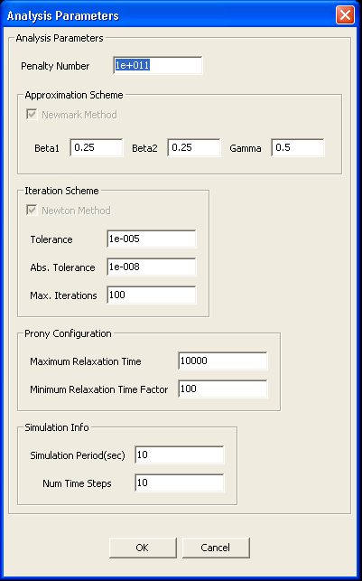 Figure 219. Screen capture. Analysis Parameters dialog. This figure shows a screenshot of the user interface ready to accept the data for configuring the analysis parameters. It shows the interface with the following data entry fields: Penalty Number; the Newmark Method scheme parameters, Beta 1, Beta2, and Gamma; the Newton Method Iteration Scheme parameters, Tolerance, Abs. Tolerance, and Max. Iteration; Maximum Relaxation Time; Minimum Relaxation Time Factor; Simulation Period; and Num of Time Steps.