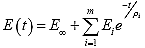 Equation 5. Prony representation of relaxation modulus. The relaxation modulus, E, as a function of time, t, is equal to the long time modulus, E subscript infinity, plus the summation from i equals 1 to the total number of relaxation times, of individual Prony stiffnesses, E subscript i, times the exponential of negative time divided by the relaxation time, rho subscript i, summed for every Prony term.