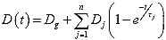 Equation 6. Prony representation of creep compliance. The creep compliance, D, as a function of time, t, is equal to the short time or glassy compliance, D subscript g, plus the summation from j equals 1 to the total number of retardation times, of individual Prony compliances, D subscript j, times 1 minus the exponential of negative time divided by the retardation time, tau subscript j, summed for every Prony term.