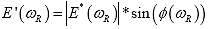 Equation 7. Calculation of storage modulus. The storage modulus, E superscript apostrophe, as a function of reduced angular frequency, lowercase omega subscript R, is equal to the dynamic modulus, in absolute value signs E superscript star, as a function of reduced angular frequency, lowercase omega subscript R, multiplied by the sine of the phase angle, phi, as a function of reduced angular frequency, lowercase omega subscript R.