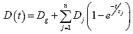 Equation 10. Prony representation of creep compliance. The creep compliance, D, as a function of time, t, is equal to the short time or glassy compliance, D subscript g, plus the summation of individual Prony compliances, D subscript j, times 1 minus the exponential of negative time divided by the retardation time, tau subscript j, summed for every Prony term.