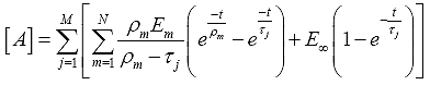 Equation 12. Definition of matrix A. The matrix A is equal to the summation from j equals 1 to the total number of retardation times, M, of the summation from m equals 1 to the total number of relaxation times, N, of the individual Prony stiffness, E subscript m, times the individual relaxation time, rho subscript m, divided by the difference between the individual relaxation time, rho subscript m, and the individual retardation time, tau subscript j, multiplied by the difference between exponential to the negative time, t, divided by the individual relaxation time, rho subscript m, and exponential to the negative time, t, divided by the individual retardation time, tau subscript j, and the long time modulus, E subscript infinity, times 1 minus the exponential of negative time divided by the individual retardation time, tau subscript j.