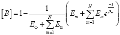 Equation 14. Definition of matrix B. The matrix B is equal to 1 minus 1 divided by the long time equilibrium modulus, E subscript infinity, plus the summation from m equals 1 to the total number of individual relaxation terms, of the individual Prony stiffness values, E subscript m, multiplied by the long time modulus, E subscript infinity, plus the summation of individual Prony stiffness, E subscript m, times the exponential of negative time divided by the relaxation time, rho subscript m, summed for every Prony term.