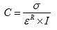 Equation 18. Definition of pseudo stiffness. The pseudo stiffness, C, is equal to the stress, sigma, divided by the pseudo strain, epsilon superscript R, which is multiplied by the normalization factor, I. 