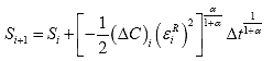 Equation 24. Calculation of damage by method of Lee. The damage at the next time step, S subscript i plus 1, equals damage at the current step, S subscript i, plus negative one half multiplied by the change in pseudo stiffness between time step i and time step i plus 1, uppercase delta times C, multiplied by the pseudo strain, epsilon subscript i superscript R, squared, raised to the power of the damage evolution rate, alpha, divided by damage evolution rate plus 1, alpha plus 1, and multiplied by the change in time between step i and i plus 1, uppercase delta multiplied by time, t, raised to 1 divided by the damage evolution rate, alpha, plus 1.