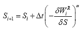 Equation 27. Damage evolution equation in discrete form. The damage and the next time step, S subscript i plus 1, equals the damage at the current time step, S subscript i, plus the finite difference of time, uppercase delta of time, multiplied by the negative rate of change of the dual pseudo strain energy density function, del mark W subscript i superscript R divided by del mark S, raised to the damage evolution rate, alpha.