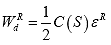 Equation 28. Definition of dual pseudo strain energy density function for uniaxial conditions. The dual pseudo strain energy density function, W subscript d superscript R, is equal to one half multiplied by pseudo stiffness, C, which is a function of damage, S, multiplied by the pseudo strain, epsilon superscript R.