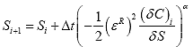Equation 29. Discrete form of damage growth equation used for numerical solution. The damage at the next time step, S subscript i plus 1, equals damage at the current step, S subscript i, plus finite difference in time, uppercase delta of t, multiplied by negative one half multiplied by the pseudo strain at the current time step, epsilon subscript i superscript R, squared, multiplied by the change in pseudo stiffness with respect to damage at the current step, del mark C subscript i divided by del mark S, raised to the damage evolution rate, alpha.