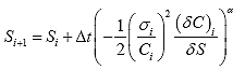 Equation 30. Discrete form of damage growth equation used for numerical solution when stress is known. The damage at the next time step, S subscript i plus 1, equals damage at the current step, S subscript i, plus finite difference in time, uppercase delta of t, multiplied by negative one half multiplied by the stress at the current time step, sigma subscript i, divided by the pseudo stiffness at the current time step, C subscript i, squared, multiplied by the change in pseudo stiffness with respect to damage at the current step, del mark C subscript i divided by del mark S, raised to the damage evolution rate, alpha.
