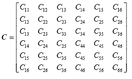 Equation 32. General stiffness matrix. The stiffness matrix, bold C, is equal to 6 by 6 matrix; terms in the matrix reflect symmetry and total matrix. Beginning at the upper left corner terms are labeled C subscript 11, then C subscript 12 and so on. Across the diagonal of the matrix is labeled C subscript 11, C subscript 22, C subscript 33, etc.
