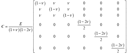 Equation 33. Stiffness matrix for general isotropic material. The stiffness matrix, strong C, is equal to Young’s modulus, E, divided by the product of 1 plus Poisson’s ratio, lowercase nu, and 1 minus two times Poisson’s ratio, lowercase nu, multiplied by 6 by 6 matrix, where the upper left and first three diagonal terms of this matrix are equal to 1 minus Poisson’s ratio, lowercase nu, the off diagonal elements in the first 3 by 3 block of the matrix are equal to Poisson’s ratio, lowercase nu, the remaining diagonal elements are equal to 1 minus two times Poisson’s ratio, lowercase nu, divided by two, and all other elements are 0.