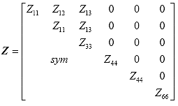 Equation 34. Stiffness matrix for transversely isotropic material. The stiffness matrix for transversely isotropic material, strong Z, is equal to 6 by 6 matrix, where the matrix is symmetric about the diagonal with the first two diagonal elements equal—this is the isotropic plane. The first two elements in the third column are also equal but different than the value in the second column first row. The element in the third column and third row is the symmetry axis and is different than the other elements. The fourth and fifth diagonal elements are equal but different than the sixth diagonal element, and all other elements are 0.