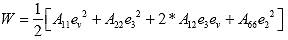 Equation 40. Strain energy density function from Schapery’s derivation with transverse isotropy. The energy, W, is equal to one half multiplied by the product of the first stiffness term, A subscript 11, and dilation, e subscript v, squared, plus the second stiffness term, A subscript 22, multiplied by the primary loading direction deviatoric strain, e subscript 3, squared, plus 2 times the third stiffness term, A subscript 12, multiplied by the product of the dilation, e subscript v, and the primary loading direction deviatoric strain, e subscript 3, plus the fourth stiffness term, A subscript 66, multiplied by the strain difference term, e subscript 2, squared.