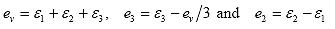 Equation 41. Definition of dilation. Dilation, e subscript v, is equal to the sum of the strains along the three directions, epsilon subscript 1 plus epsilon subscript 2 plus epsilon subscript 3.