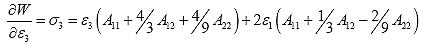 Equation 48. Finding stress using virtual work principles. The partial derivative of work with respect to strain along the axis of symmetry, del W by del epsilon subscript 3, equals stress along the axis of symmetry, sigma subscript 3, equals strain along the symmetry axis, epsilon subscript 3, multiplied by Schapery’s first stiffness term, A subscript 11, plus 4 divided by 3 multiplied by Schapery’s second stiffness term, A subscript 12, plus 4 divided by 9 multiplied by Schapery’s third stiffness term, A subscript 22, plus 2 multiplied by strain along the transverse direction, epsilon subscript 1, multiplied by Schapery’s first stiffness term, A subscript 11, plus 1 divided by 3 multiplied by Schapery’s second stiffness term, A subscript 12, minus 2 divided by 9 multiplied by Schapery’s third stiffness term, A subscript 22.