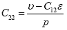 Equation 50. Relationship between the second and third material integrity terms. The second material integrity term, C subscript 22, is equal to dilation, lowercase upsilon, minus the product of the second material integrity parameter, C subscript 12, and strain along the symmetry axis, divided by pressure, p.