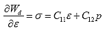 Equation 52. Definition of stress through virtual work and material integrity parameters. The partial derivative of the dual energy density function with respect to strain, del W subscript d divided by del epsilon, equals deviatoric stress, sigma, equals the product of the total strain along the axis of symmetry, epsilon, and the first material integrity term, C subscript 11, plus the product of the second material integrity parameter, C subscript 12, and pressure, p.