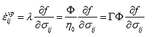 Equation 55. Definition of flow rule for viscoplastic strain rate. The viscoplastic strain rate, epsilon subscript ij and superscript vp, is equal to lamda multiplied by the partial derivative of yield function, f, with respect to stress tensor, sigma subscript ij, is equal to the overstress function, iota, divided by the viscosity, eta subscript 0, multiplied by the partial derivative of yield function, f, with respect to stress tensor, sigma subscript ij, is also equal to the overstress function, iota, multiplied by the fluidity, gamma, multiplied by the partial derivative of yield function, f, with respect to stress tensor, sigma subscript ij.